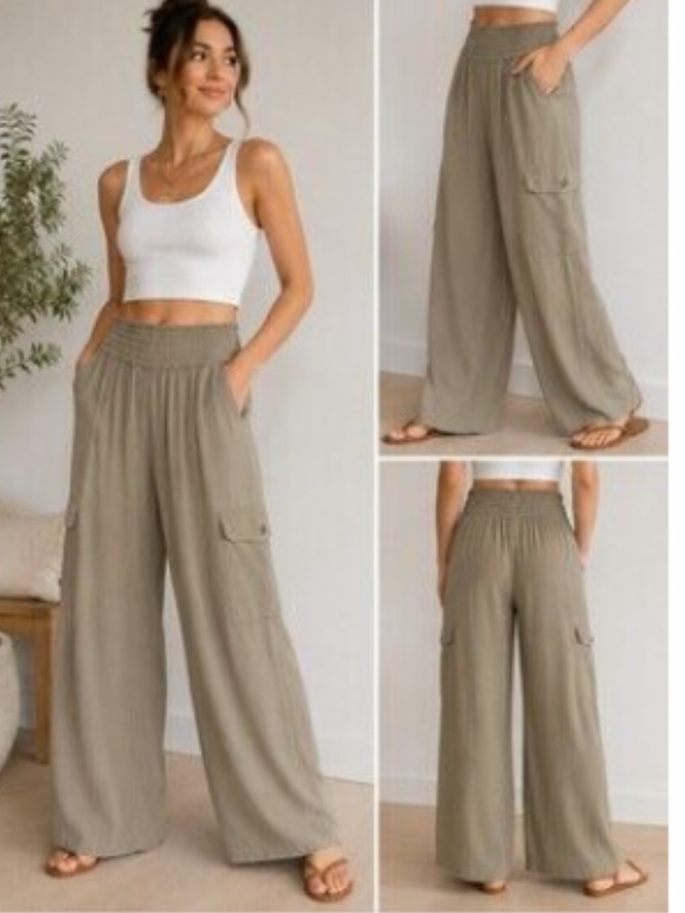 Rewash Flowy Rayon High-Rise Wide-Leg Cargo Pants in Beige/Champagne Large